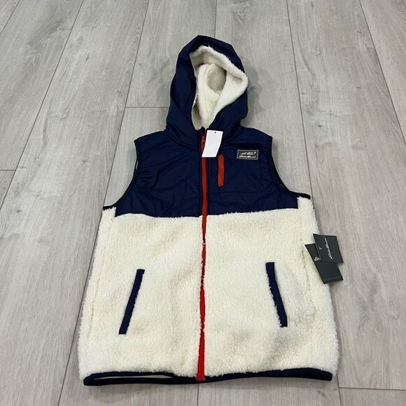 Eddie Bauer Girls Faux Shearling Vest NavyBlue/White with Red Trim size L 14 - Picture 1 of 7